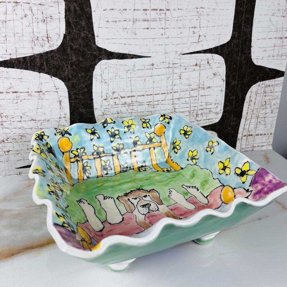 Unique One of a Kind Studio Pottery Dog Laying At the Foot Of the Bed Tray Bowl